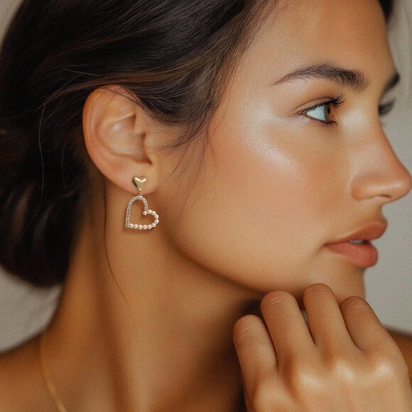 Women's Heart Pearl Tan Dangle Sparkly Cubic Zirconia Crystal Rhinestone Earring - Picture 5 of 7